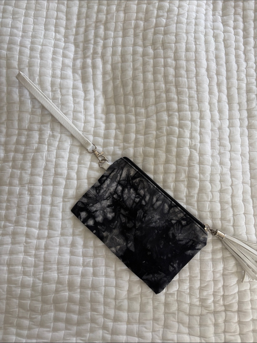 Black Tie-Dye Wristlet Clutch with White Strap